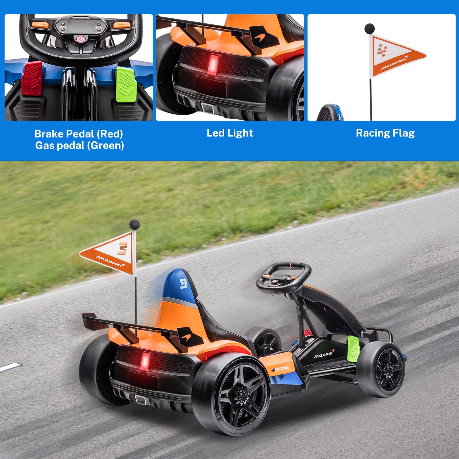 Licensed Mclaren Kids Go Kart, 24V Battery Powered Ride on Car Toy with Bluetooth Function, Safety Belt, LED Lights, Two-Mode Electric Go Cart, Drift Racer Car for Boys Girls