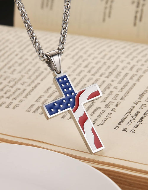 Load image into Gallery viewer, American Flag Patriotic Cross Religious Jewelry Pendant Necklace
