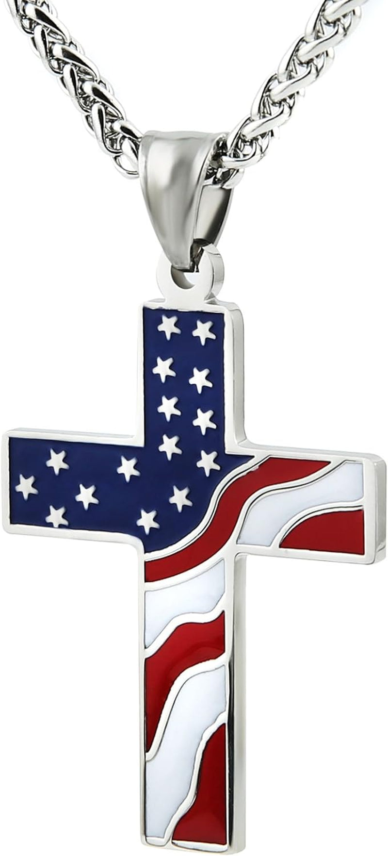 American Flag Patriotic Cross Religious Jewelry Pendant Necklace